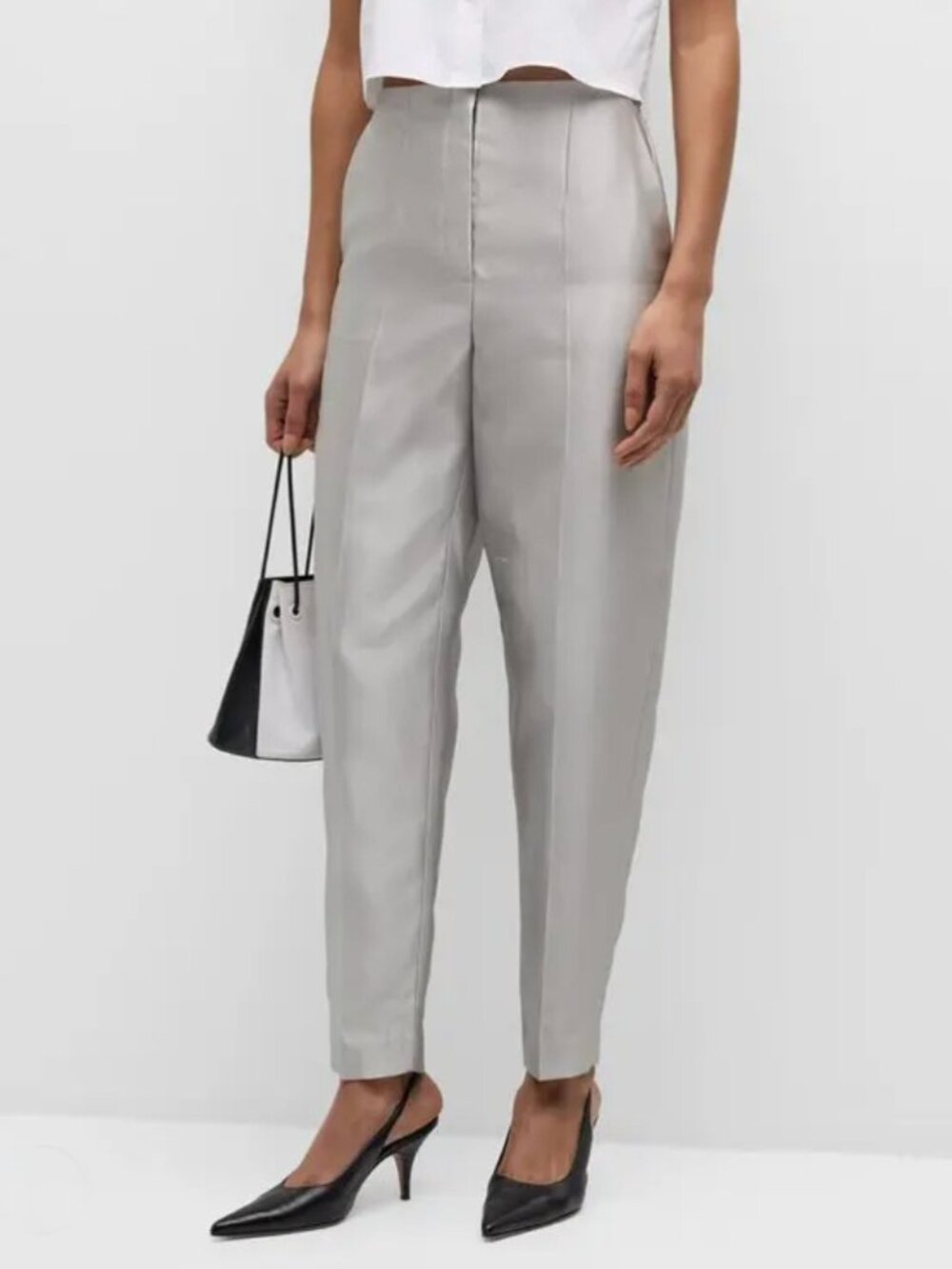 Theory Tapered Slim Pants Trousers Gray Silver Silk Twill Luxury Size 8